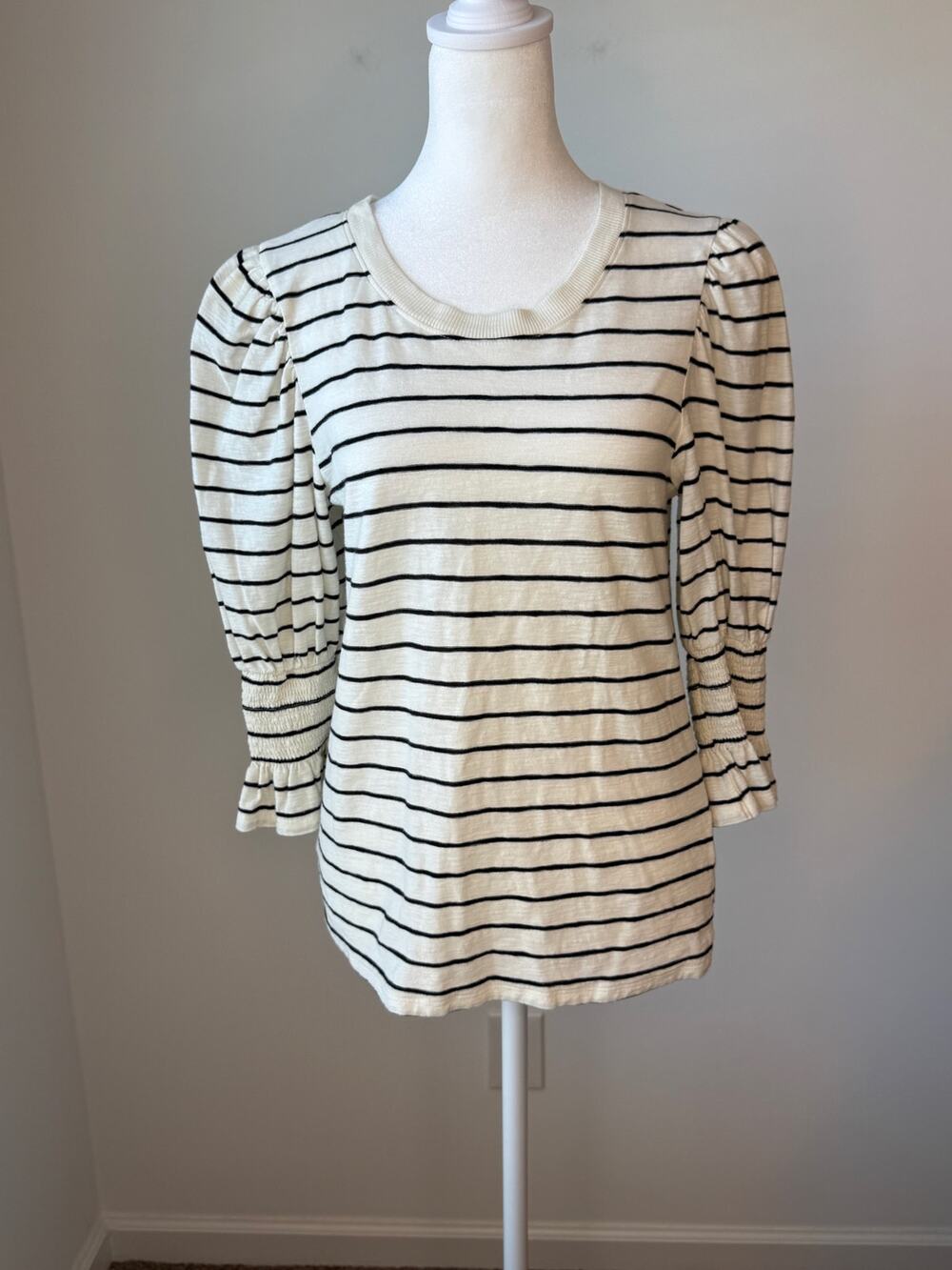 Nation LTD Ivory Black Striped Puff Sleeve Smocked Cuff Top